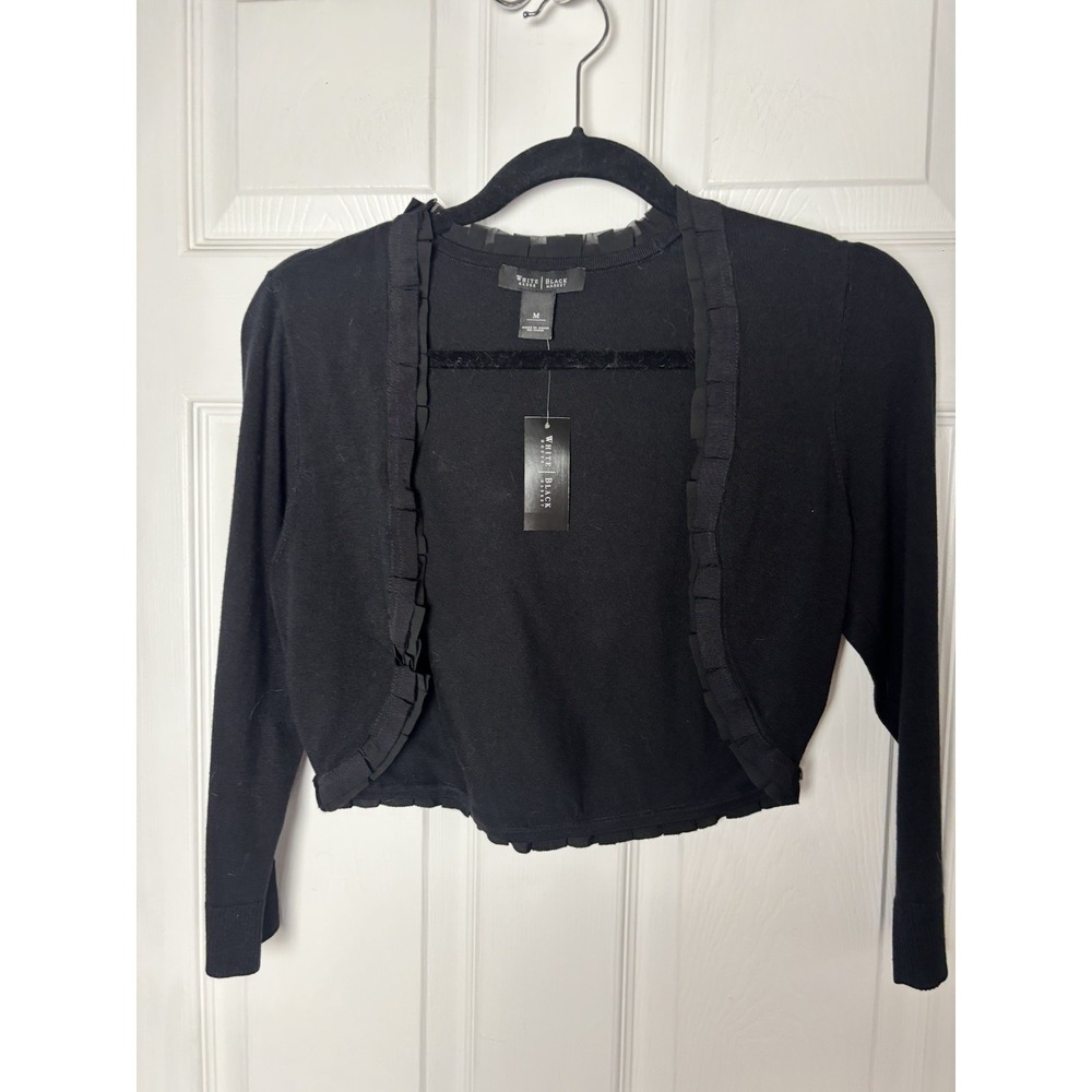 WHBM Satin Ribbon Ruffled Edge Shrug SHORT BLACK‎ EVENING JACKET Small NEW
